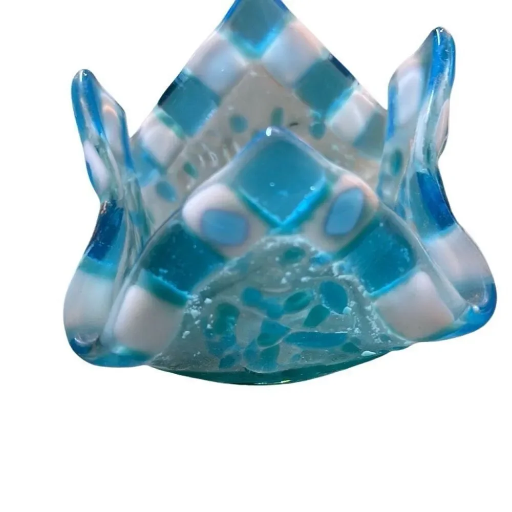 Blue White Fused Art Glass Handkerchief Votive Candle Holder Tea Light